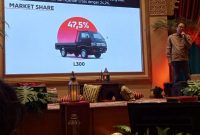 Perwakilan Mitsubishi Motors memaparkan capaian market share 47,5 persen untuk model Mitsubishi L300 dalam sebuah konferensi pers, menegaskan dominasi kendaraan niaga ringan tersebut di pasar pick-up nasional.