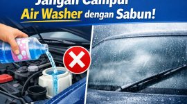Ilustrasi pengisian tangki air washer mobil menggunakan campuran sabun yang dapat merusak kaca kendaraan serta mengganggu kinerja sistem wiper, terutama saat digunakan dalam kondisi hujan.