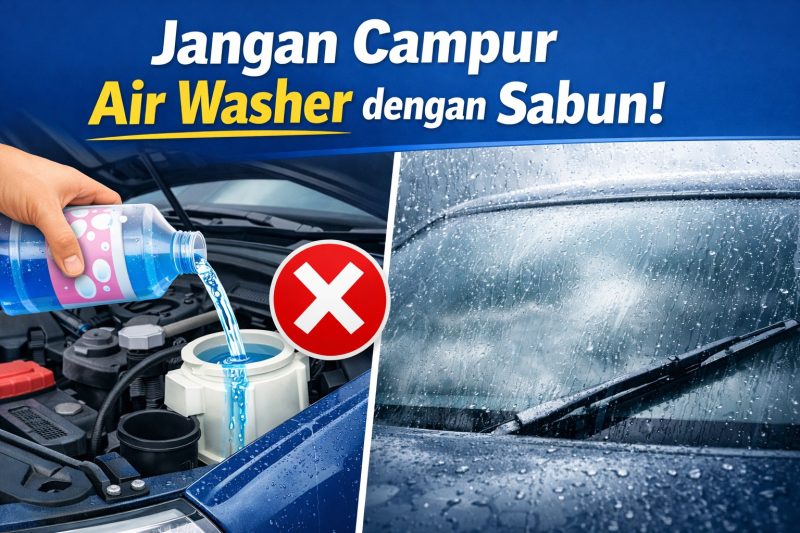 Ilustrasi pengisian tangki air washer mobil menggunakan campuran sabun yang dapat merusak kaca kendaraan serta mengganggu kinerja sistem wiper, terutama saat digunakan dalam kondisi hujan.