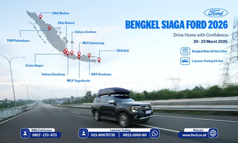 Jaringan bengkel siaga Ford RMA Indonesia di jalur mudik Sumatera, Jawa, hingga Bali yang beroperasi pada 20β25 Maret 2026 untuk mendukung perjalanan Lebaran.