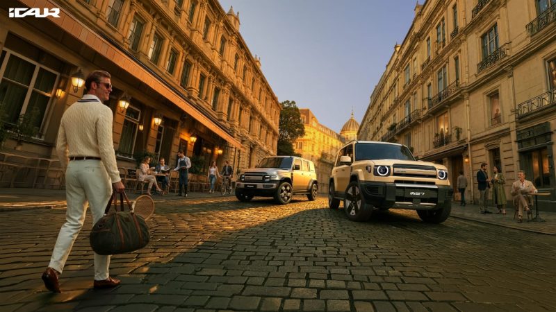 Dua SUV listrik iCAR, termasuk V27, tampil dengan desain boxy futuristik saat melintasi jalanan bergaya Eropa menjelang debut di Beijing International Auto Show 2026.