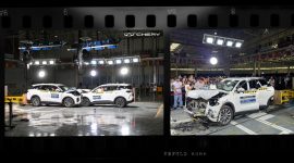 Chery Tiggo 9 menjalani uji tabrak ekstrem dengan skenario benturan depan dan belakang sekaligus dalam ajang Chery International Business Summit 2026 di Wuhu, China