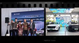 Peresmian diler Trimegah Group bersama Chery di Siliwangi, menandai pergeseran fokus bisnis ke kendaraan elektrifikasi asal China. Tampak jajaran manajemen berfoto saat grand opening (kiri), serta lini produk SUV premium Jaecoo yang dipajang di showroom (kanan).