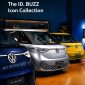 Tiga unit Volkswagen ID. Buzz Icon Collection tampil dengan warna monotone khas—Starlight Blue, Monosilver, dan Lime Yellow—yang menegaskan karakter desain ikonik sekaligus modern dari mobil listrik keluarga Volkswagen.