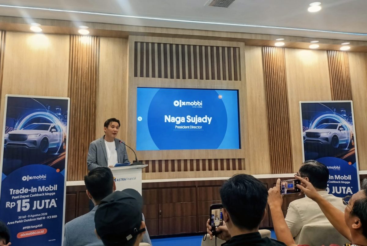 President Director OLXmobbi Naga Sujady menyampaikan paparan dalam media gathering OLXmobbi di GIIAS 2026, Tangerang, Jumat (31/7/2026). OLXmobbi menawarkan program trade-in mobil dengan cashback hingga Rp15 juta selama gelaran GIIAS 2026.
