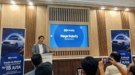 President Director OLXmobbi Naga Sujady menyampaikan paparan dalam media gathering OLXmobbi di GIIAS 2026, Tangerang, Jumat (31/7/2026). OLXmobbi menawarkan program trade-in mobil dengan cashback hingga Rp15 juta selama gelaran GIIAS 2026.