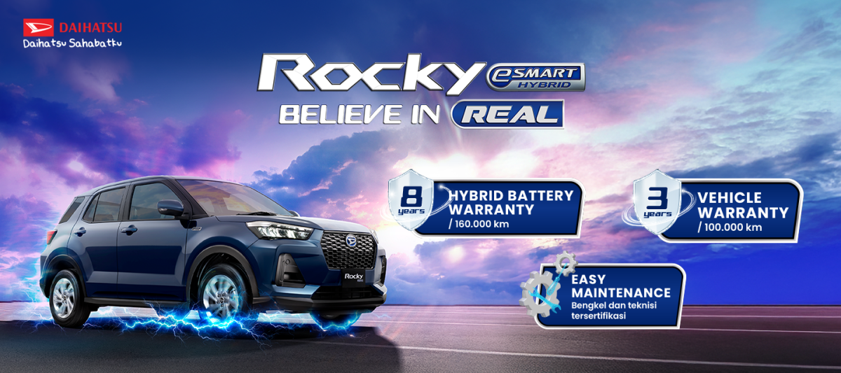 Daihatsu Rocky e-SMART Hybrid hadir dengan teknologi hybrid modern yang menawarkan pengalaman berkendara layaknya mobil listrik. SUV kompak ini didukung garansi baterai hybrid hingga 8 tahun atau 160.000 km, garansi kendaraan 3 tahun atau 100.000 km, serta layanan perawatan mudah melalui bengkel dan teknisi bersertifikasi Daihatsu. (Foto: Dok. Daihatsu)
