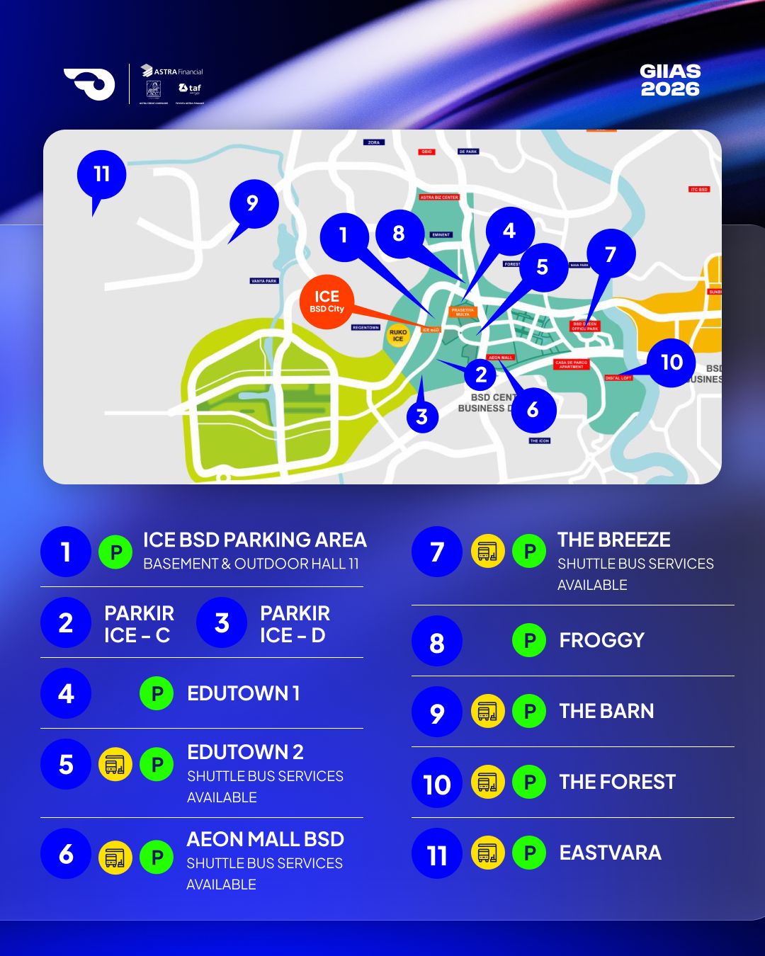 Peta lokasi kantong parkir GIIAS 2026 di sekitar ICE BSD City. Pengunjung dapat memanfaatkan 11 titik parkir strategis, termasuk AEON Mall BSD, The Breeze, Eastvara, The Barn, dan The Forest yang dilengkapi layanan shuttle bus gratis menuju area pameran. Dok. GAIKINDO.