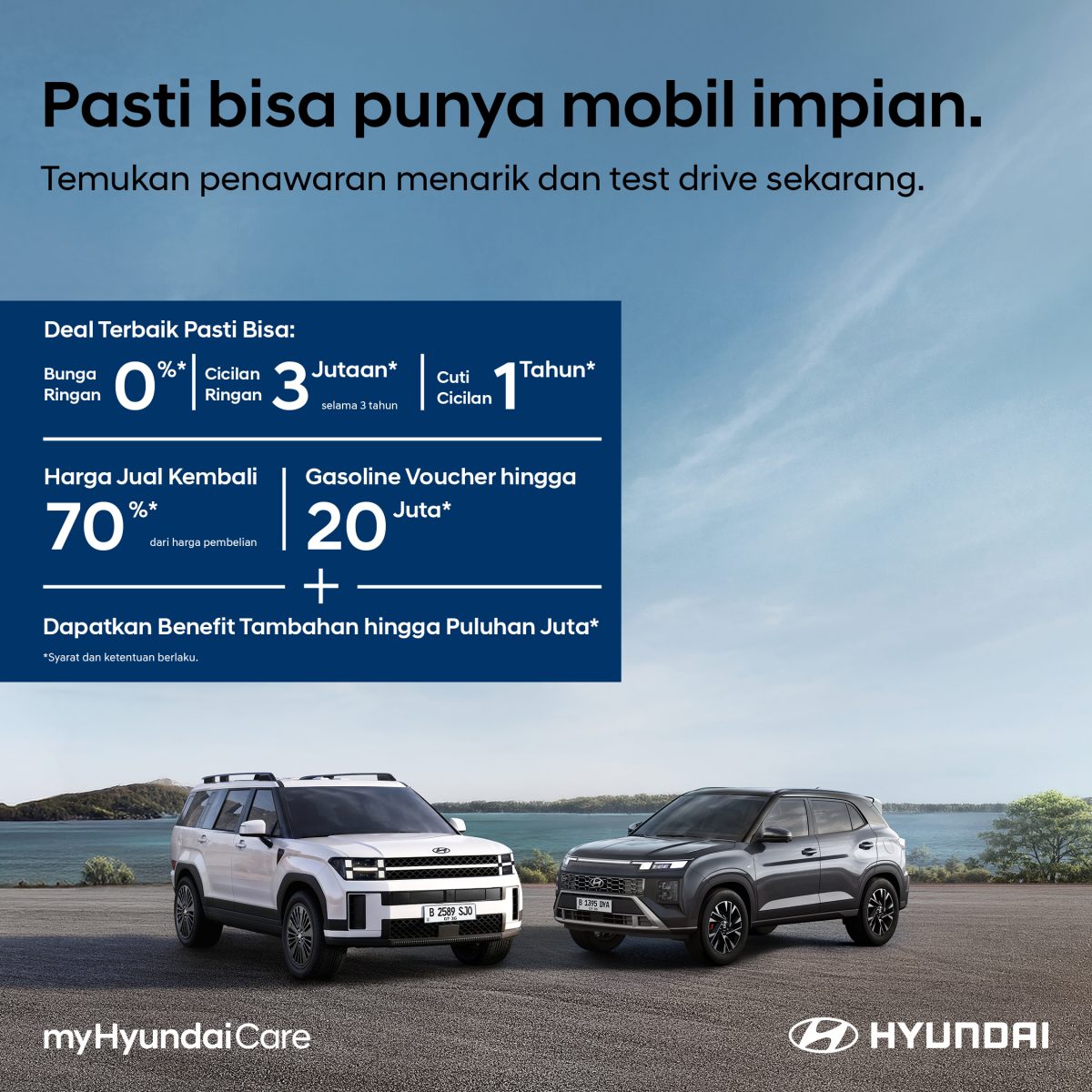 Hyundai menghadirkan promo September 2026 di sejumlah kota. Pemesan CRETA mendapat voucher BBM Rp5 juta, sementara SANTA FE Rp20 juta.
